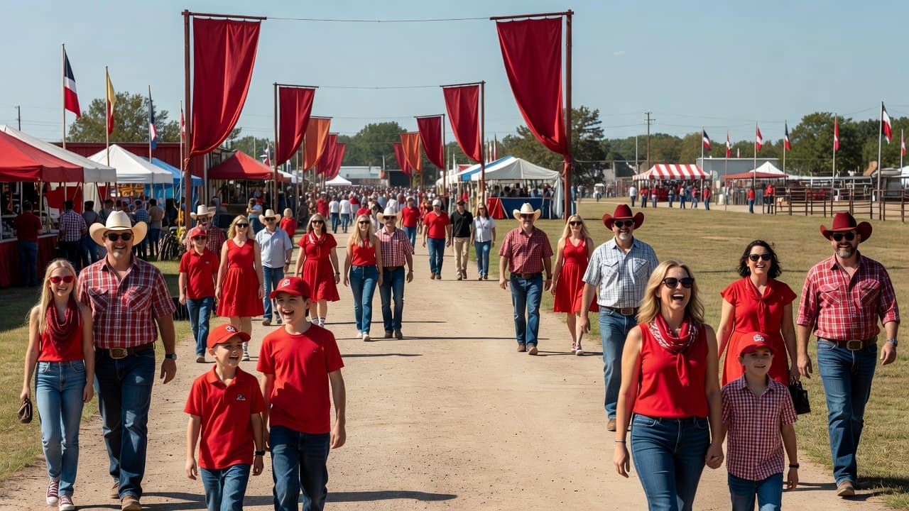 Families and friends gather under a clear blue sky, walking past red-accented banners at the American Royal. The bustling crowd fills the outdoor space, creating a lively atmosphere of community celebration.
