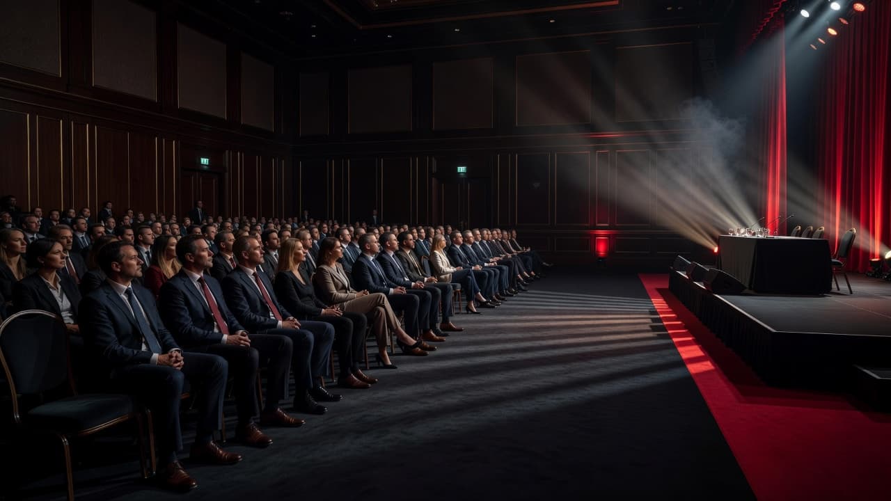 Rows of audience members sit in a darkened event hall facing an elegant stage area. Deep red lighting accents the platform floor while soft beams highlight the professional speaker setup ahead.