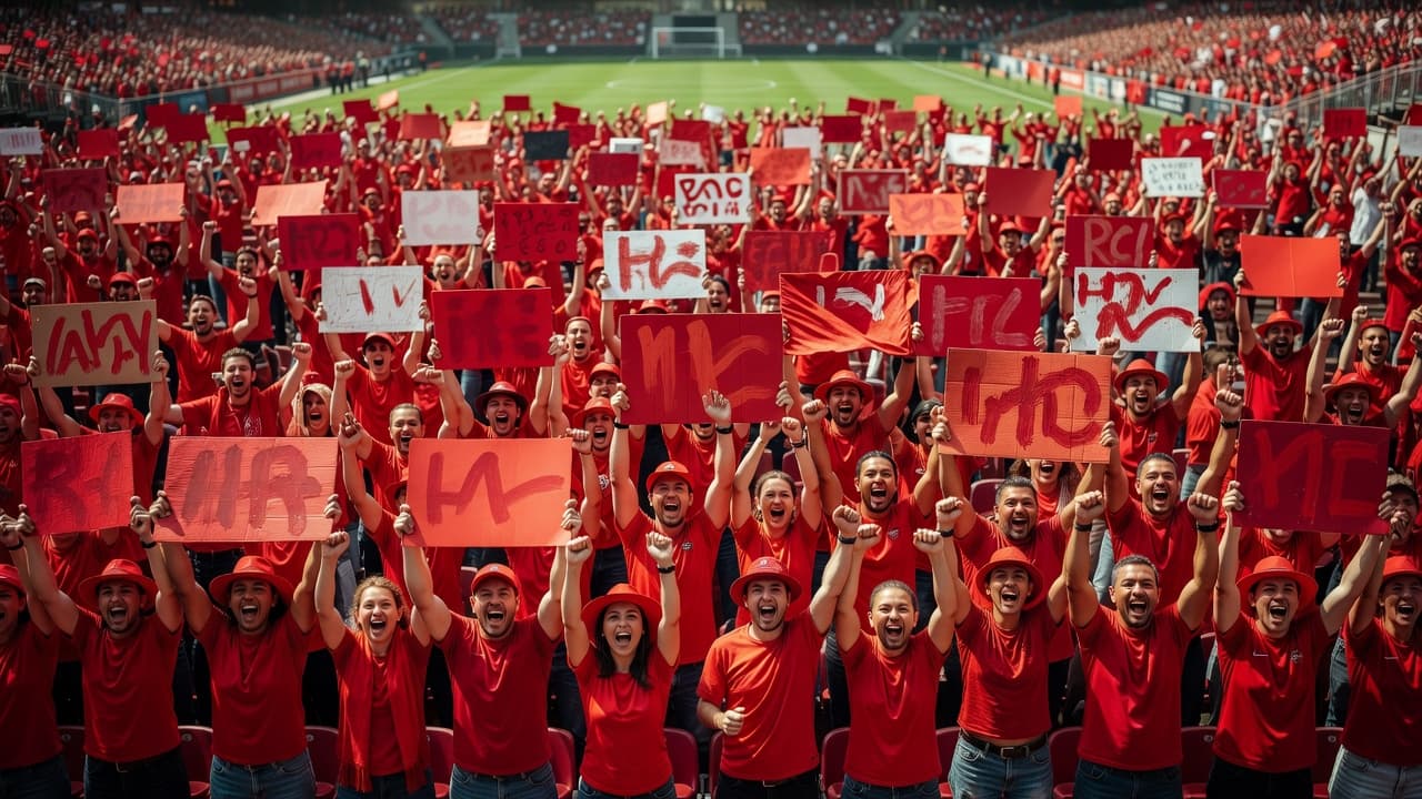 A dense crowd of enthusiastic fans wearing red clothing fills the stadium bleachers while cheering. The vibrant green grass of the field remains softly blurred in the deep background.