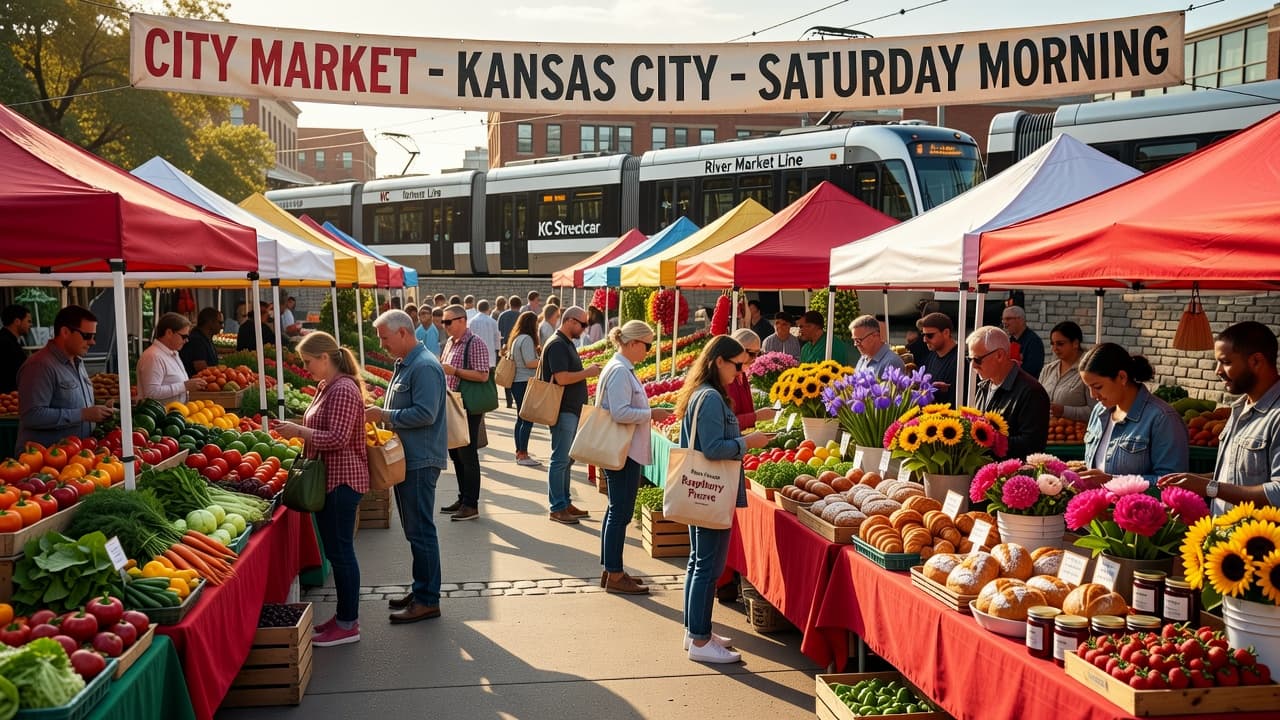Rows of vibrant produce and fresh flowers fill outdoor vendor tents at Kansas City market. The iconic streetcar passes in the background while sunlit shoppers wander between the colorful wooden stalls.