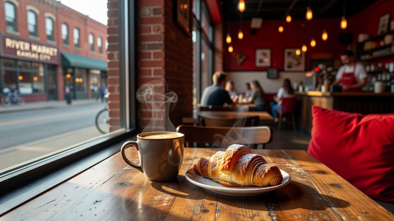 A steaming ceramic mug of coffee sits beside a golden flaky pastry on a rustic wooden table. Soft morning sunlight highlights the textures while the cafe interior glows warmly behind.