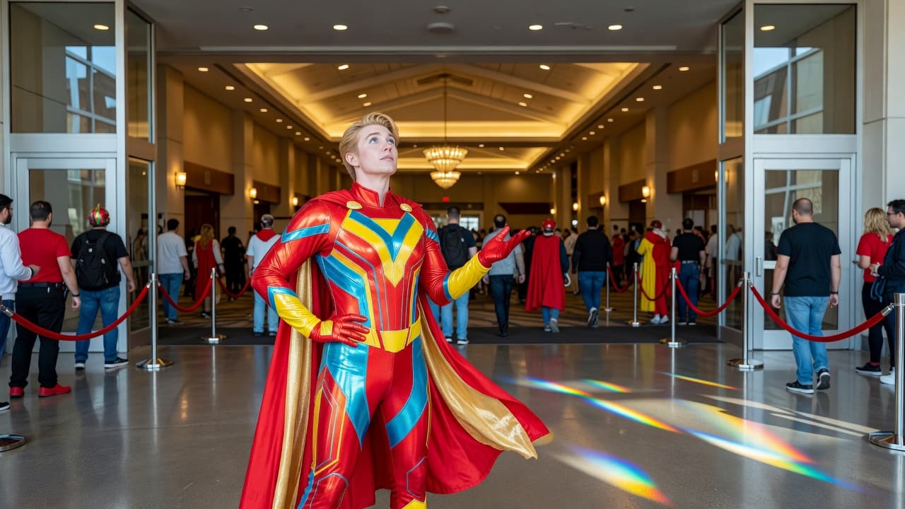 A vibrant hero in an elaborate, colorful costume stands confidently at the glass entrance of a sprawling convention hall. Bright indoor lighting illuminates the red accents on their detailed outfit.
