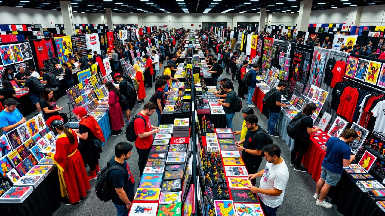 Rows of vibrant artist booths fill the wide exhibit hall as attendees browse unique merchandise under bright lights. Red fabric accents pop against the busy aisles packed with creative vendor displays.