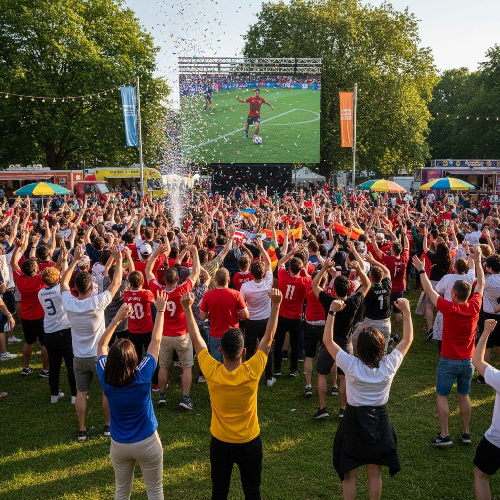 A diverse group of spectators stands in a sunlit public park, cheering while facing a massive outdoor screen. They are gathered together in a festive spirit to watch an exciting match.
