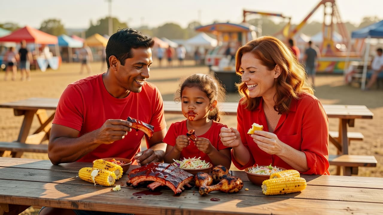 A diverse family of three sits at a rustic wooden table, eating barbecue during a lively outdoor event. Soft afternoon light highlights their red clothing against a blurred festival background.