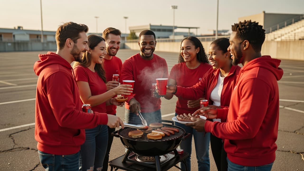 A group of friends in red clothing stands around a portable grill set up in a concrete lot. They share drinks and grilled food while stadium architecture looms in the background.