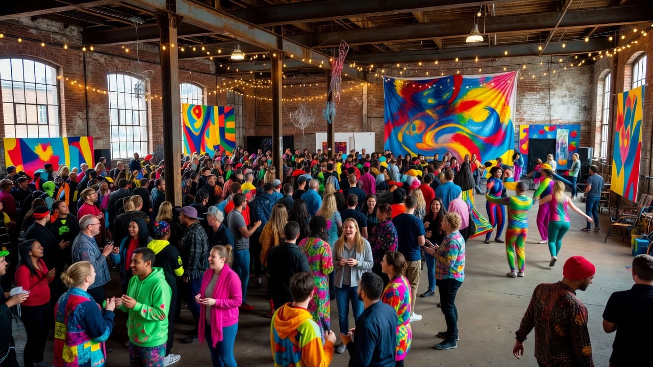 A diverse crowd gathers inside a rustic converted warehouse, surrounded by colorful abstract art displays and hanging banners. Warm overhead lights illuminate the enthusiastic attendees exploring the creative exhibition space.
