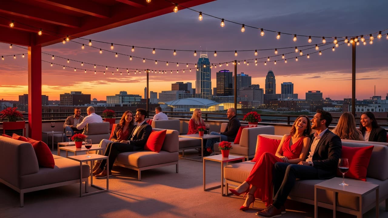 Vibrant string lights glow above modern outdoor seating as couples enjoy dinner during a golden sunset. The Kansas City skyline stands tall against a colorful evening sky in this romantic setting.