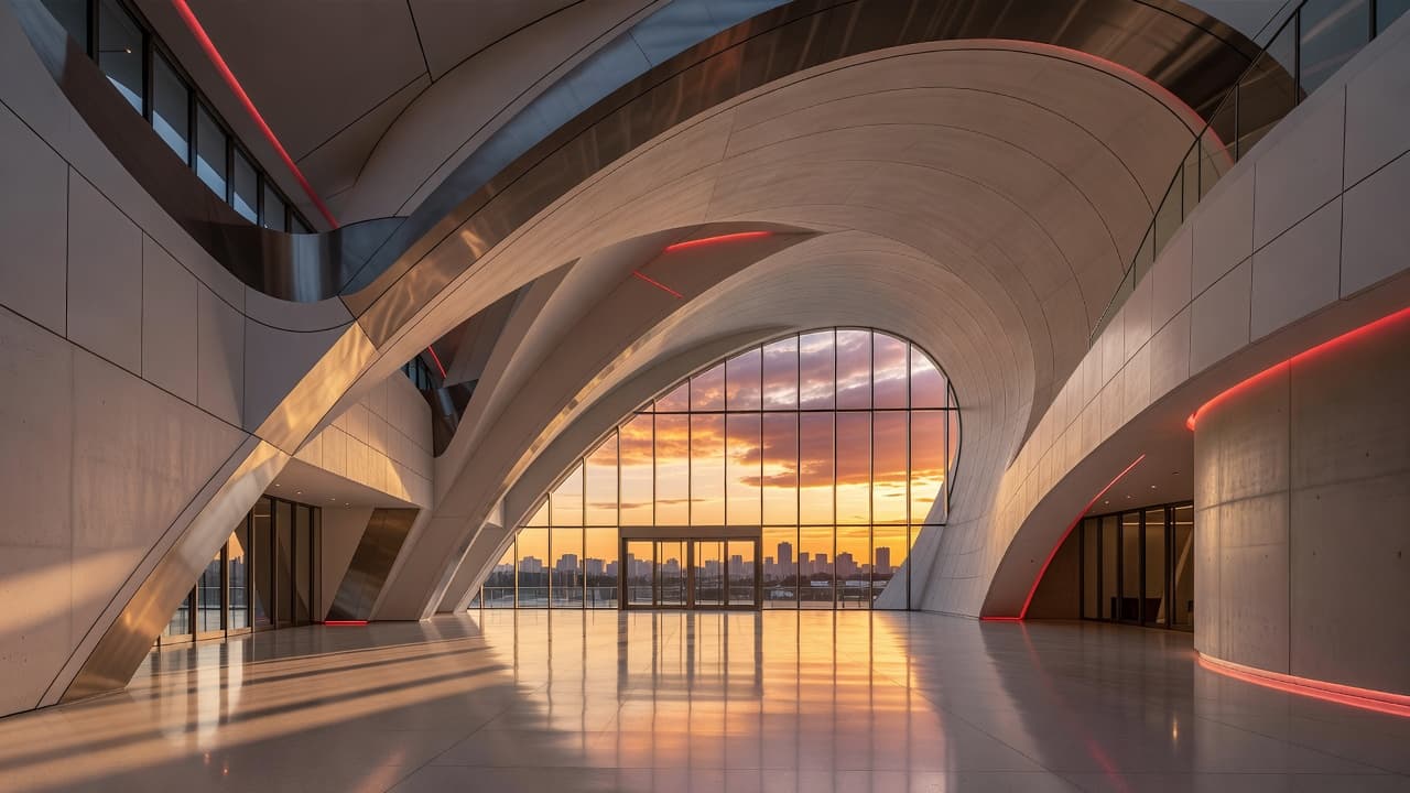 Grand floor-to-ceiling glass windows frame the interior lobby, highlighting modern architectural curves and smooth surfaces. Warm sunset light streams through the glass, casting subtle red tones across the empty space.