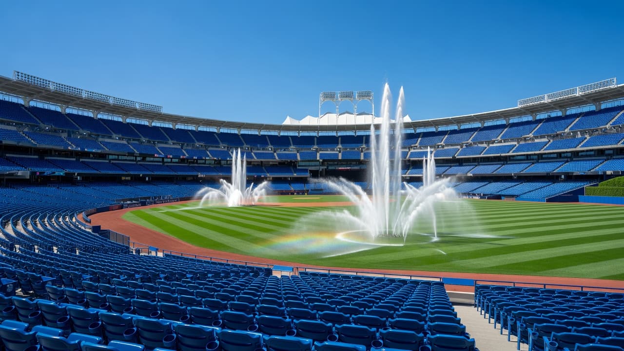The wide-angle view captures vibrant blue rows of stadium seating overlooking a pristine grass field. Iconic fountains spray water toward the bright summer sky, creating a refreshing atmosphere for baseball fans.