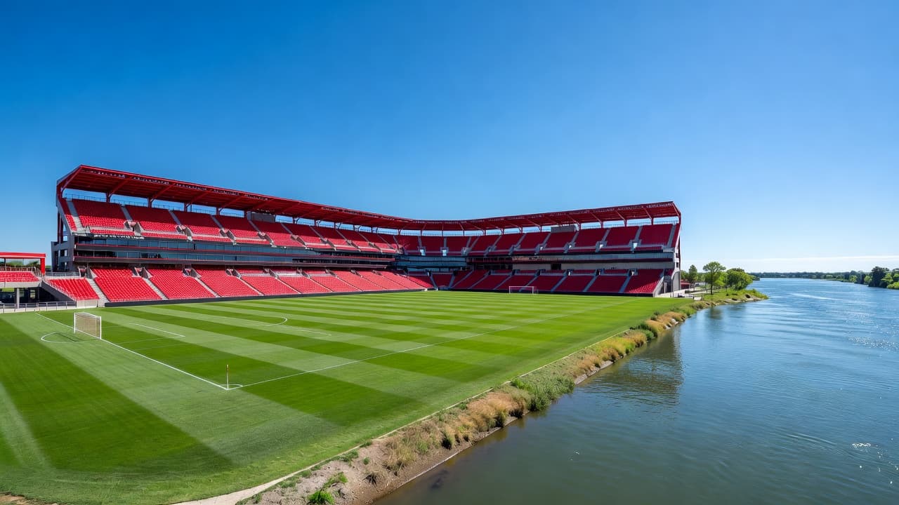 A vibrant soccer stadium features bright green turf and bold red seating under a clear blue sky. The arena sits directly beside a flowing river, creating a picturesque waterfront sports venue.