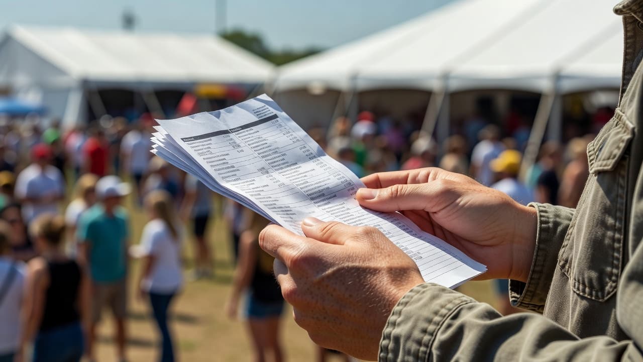 A person holds a blank white paper document in their hands, studying the layout while standing in front of a busy outdoor event with colorful tents and a blurred crowd.