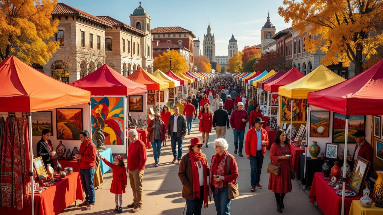 Numerous white tents line the stone streets of the Plaza as visitors browse paintings and sculptures. Red accents from clothing and floral displays pop against the golden autumn sunlight.
