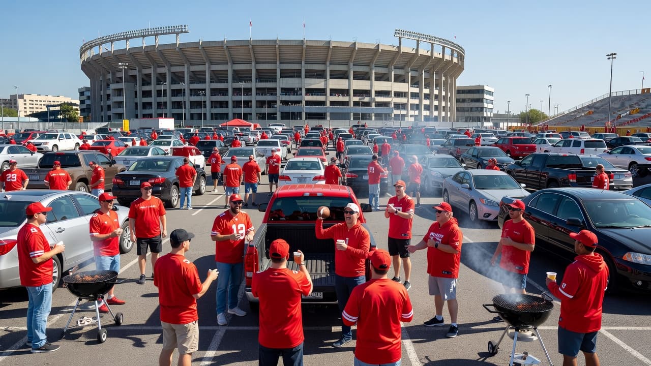 Fans wearing red apparel gather around parked vehicles on a sunny afternoon. The massive stadium structure looms in the distance under a clear sky, capturing the vibrant energy of arrival.