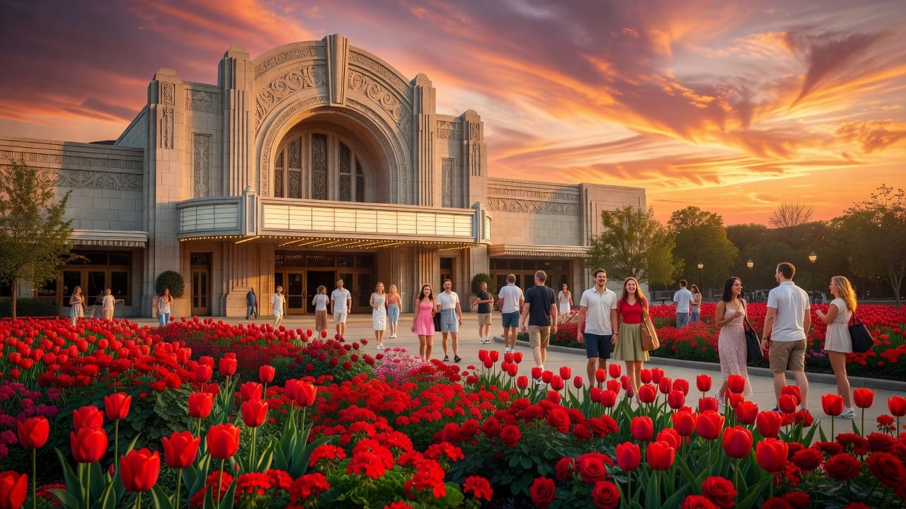 Vibrant flower beds frame the walkway leading to the Starlight Theatre entrance under a glowing sunset sky. Happy visitors stroll toward the iconic venue, highlighted by warm, saturated red architectural accents.