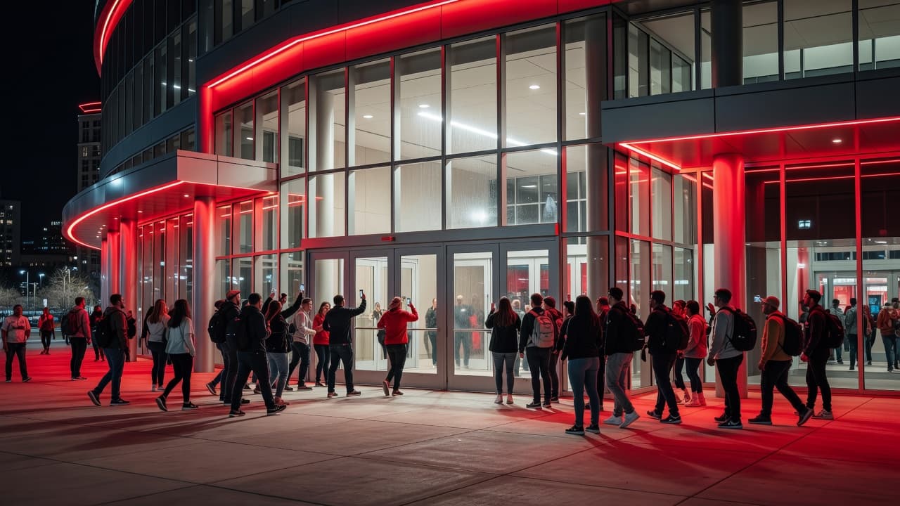 Vibrant red lights illuminate the glass facade of the arena at night as a diverse crowd of concert-goers walks toward the main entrance doors to attend an evening event.