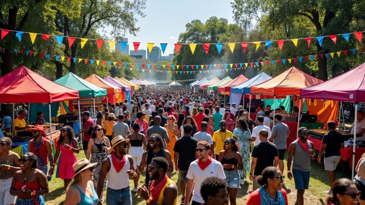 Crowds walk between colorful food tents in a sunny city park during a summer celebration. Red fabric accents pop against the green grass under a bright blue sky at mid-day.