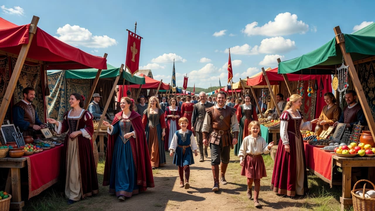 Families in authentic sixteenth-century period clothing browse colorful market stalls under a bright blue sky with fluffy clouds. The scene captures the festive atmosphere with rich, saturated red decorative accents.