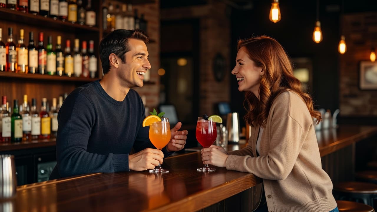 A man and woman laugh while sharing non-alcoholic beverages at a rustic, dimly lit bar counter. Soft golden light illuminates their joyful expressions and the glasses held in their hands.