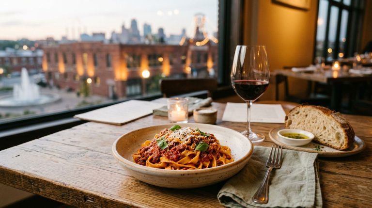 A bowl of fresh pasta with red sauce on a restaurant table with wine and bread.