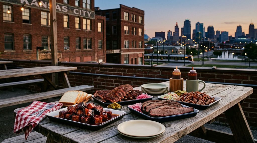 A rustic table displaying a spread of regional barbecue meats against a brick backdrop.