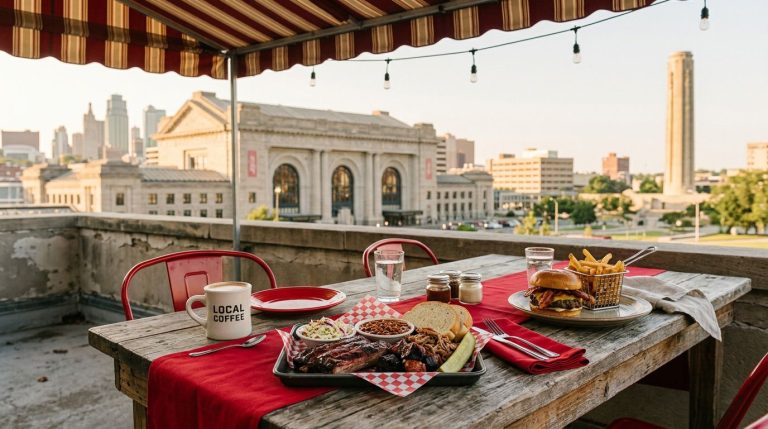Barbecue, a burger, and coffee sit outside with Union Station in the background.