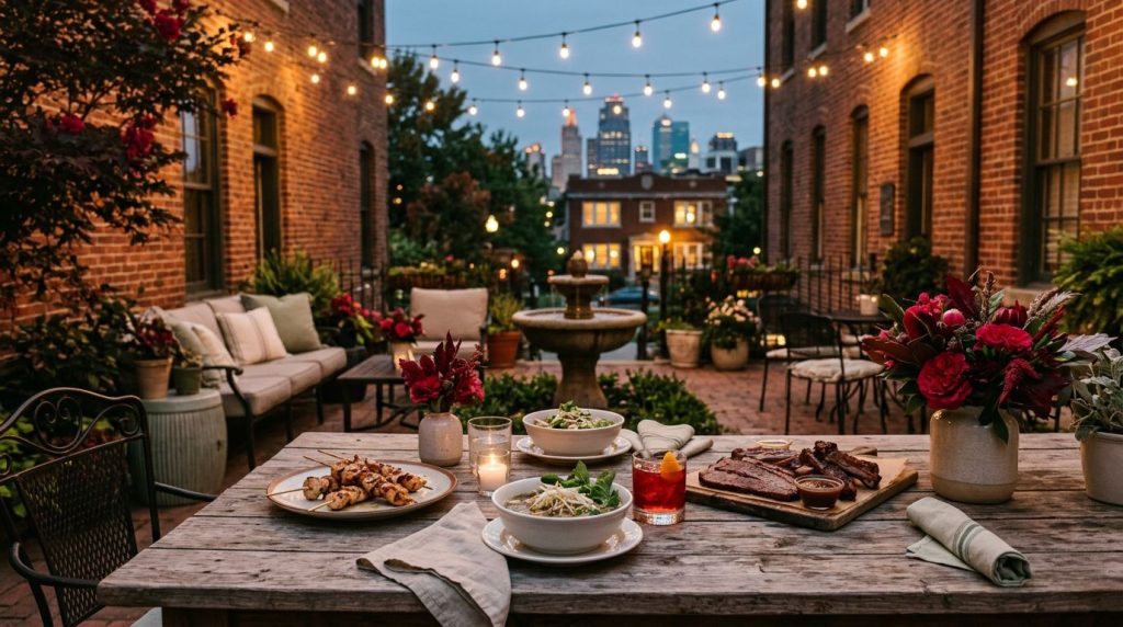 A rustic patio table with dinner dishes and a cocktail under warm string lights.