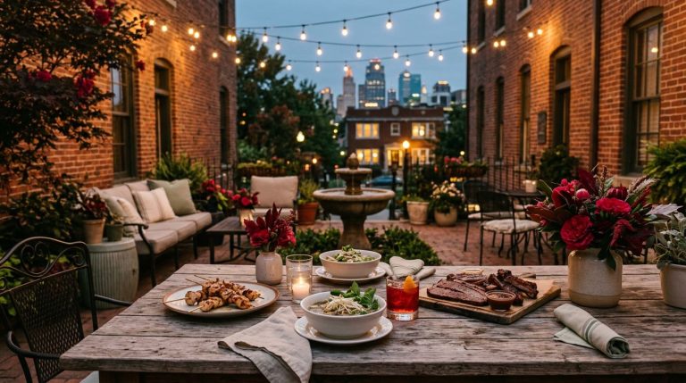 A rustic patio table with dinner dishes and a cocktail under warm string lights.