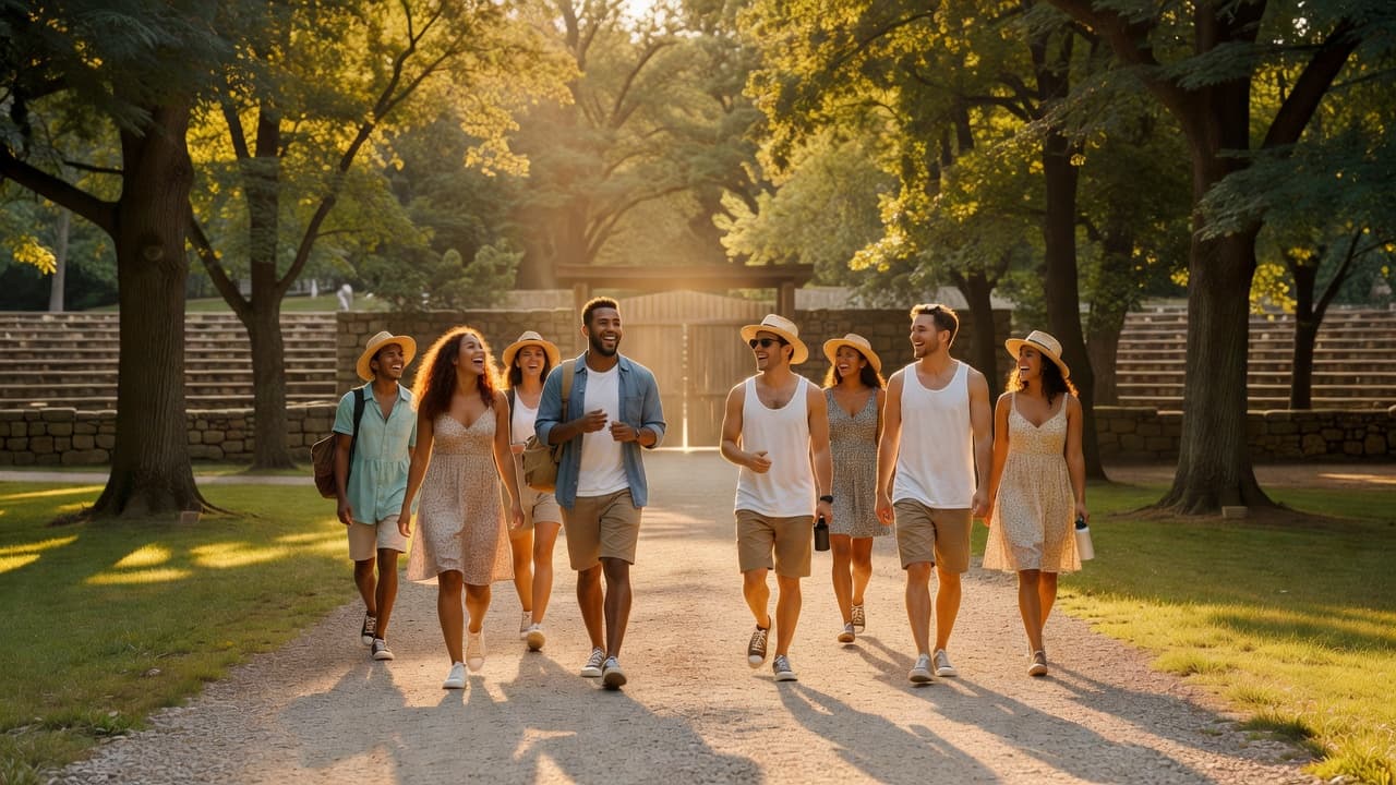 A diverse group of cheerful friends walk together toward an amphitheater gate during golden hour. Warm sunlight filters through surrounding trees, highlighting their casual summer outfits as they approach the entrance.