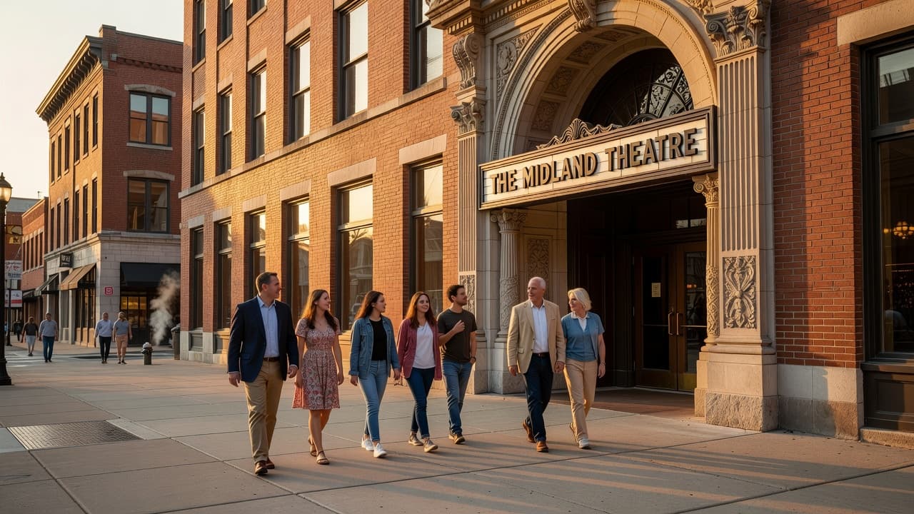 Pedestrians stroll along the urban sidewalk past the intricate, historic stone facade of a grand theater entrance. Soft golden hour light illuminates the bustling street scene with a warm, inviting glow.