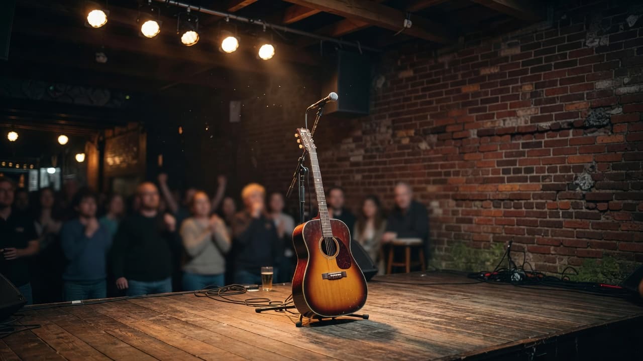 A worn wooden stage sits beneath warm amber spotlights, featuring an empty vintage guitar on a stand. In the blurred background, a brick wall looms over a dimly lit, crowded lounge.