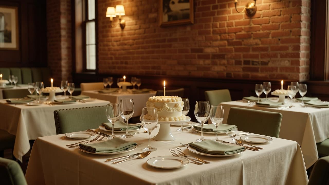 An elegant birthday cake sits on a formal restaurant table with warm ambient lighting.