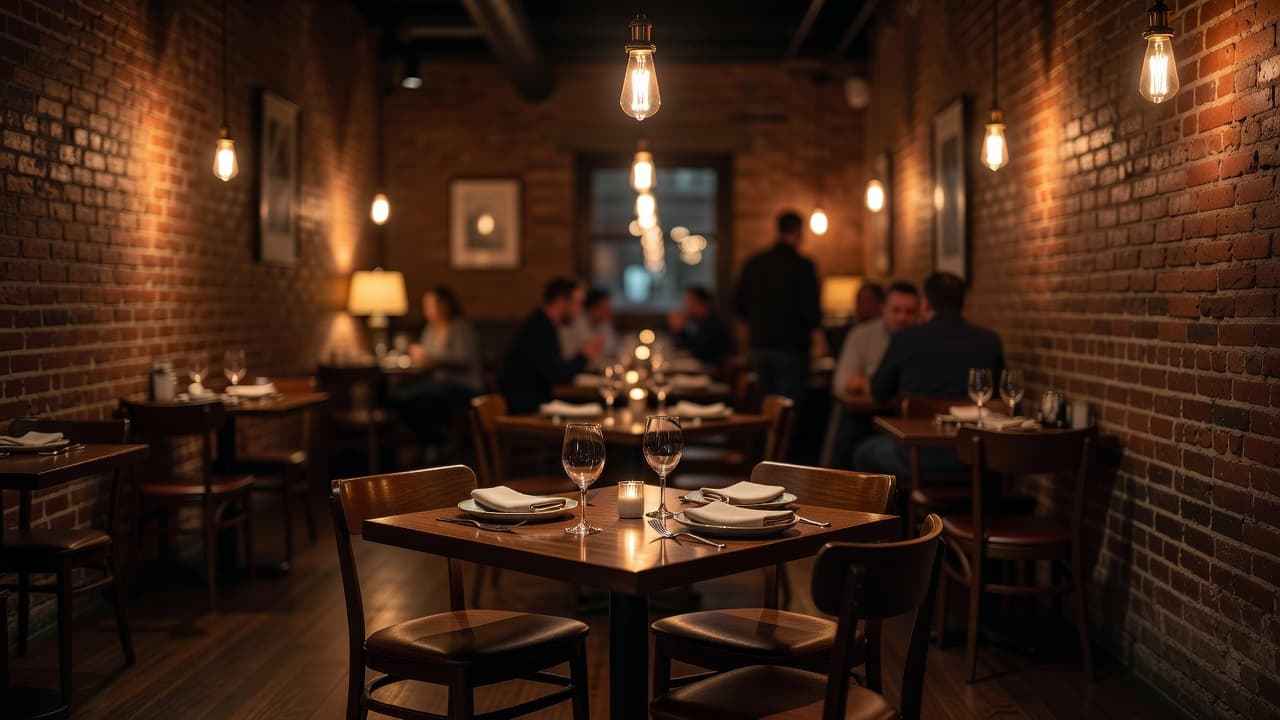 An intimate dining table set for two in a warm, brick-walled restaurant near the Kansas City theater district.