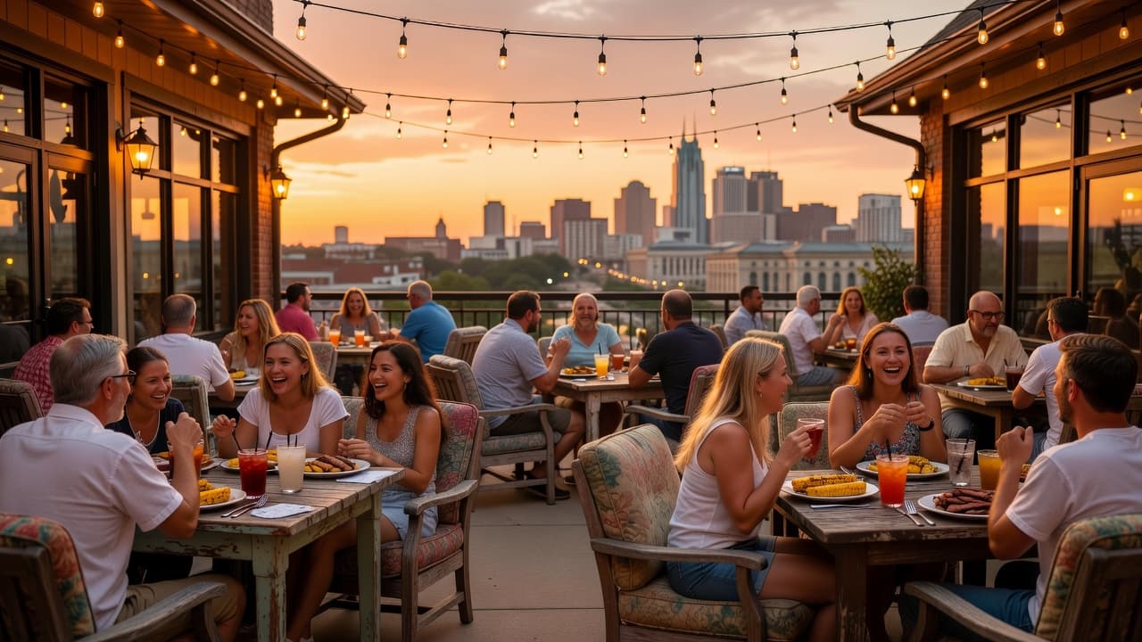 Patrons enjoy dinner on an outdoor terrace under glowing string lights while a soft sunset colors the Kansas City horizon. Tables are packed with people laughing during a warm summer evening.