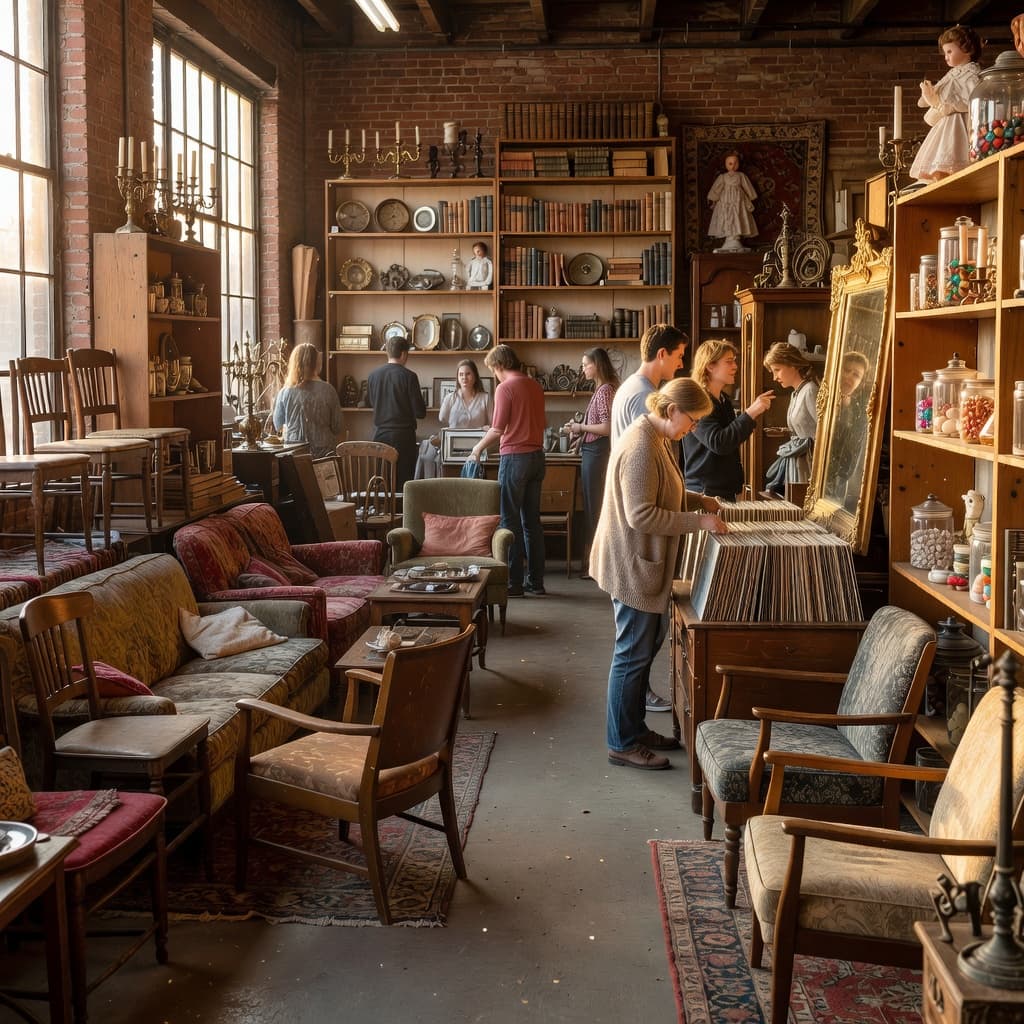 Sunlight filters through an industrial space filled with antique wooden chairs, stacks of weathered books, and colorful collectibles. Shoppers wander through the aisles while golden light highlights the rich textural details.