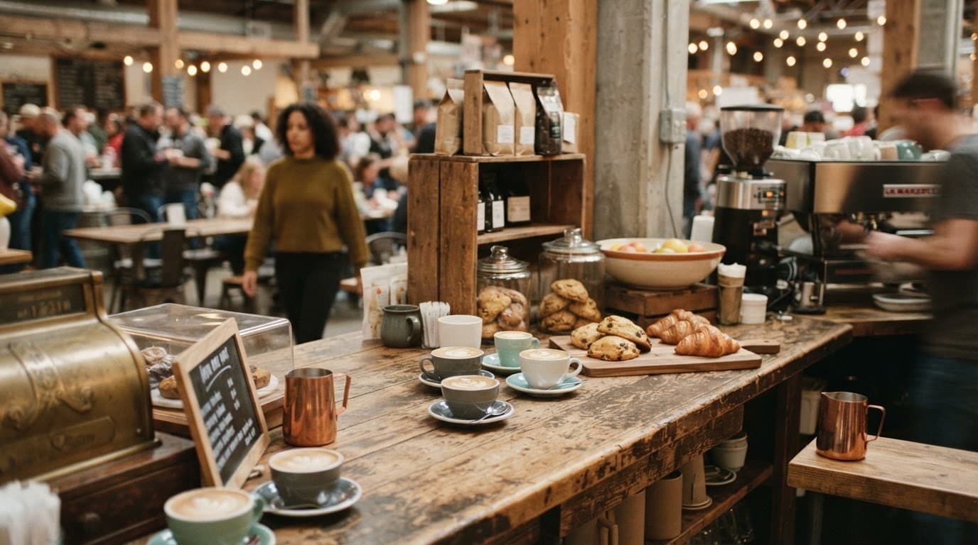 Rustic market counter with artisan food, coffee cups, and one person in the background.