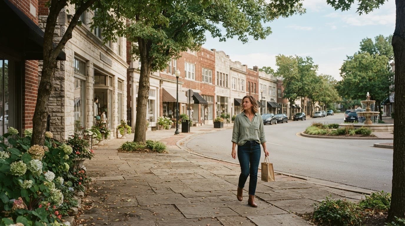A visitor walks past historic Brookside storefronts on a leafy sidewalk.