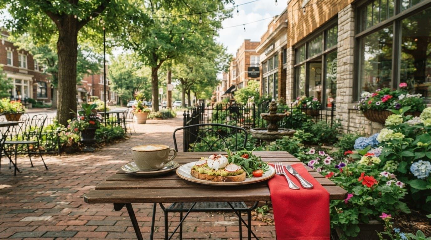 Coffee and brunch on a patio table beside a leafy Brookside sidewalk.