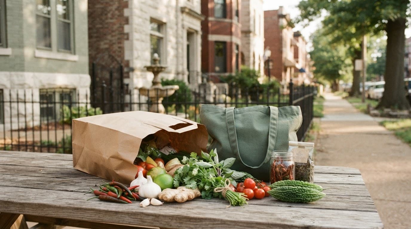 Burmese groceries, herbs, chilies, and garlic beside a reusable tote on a wooden table.