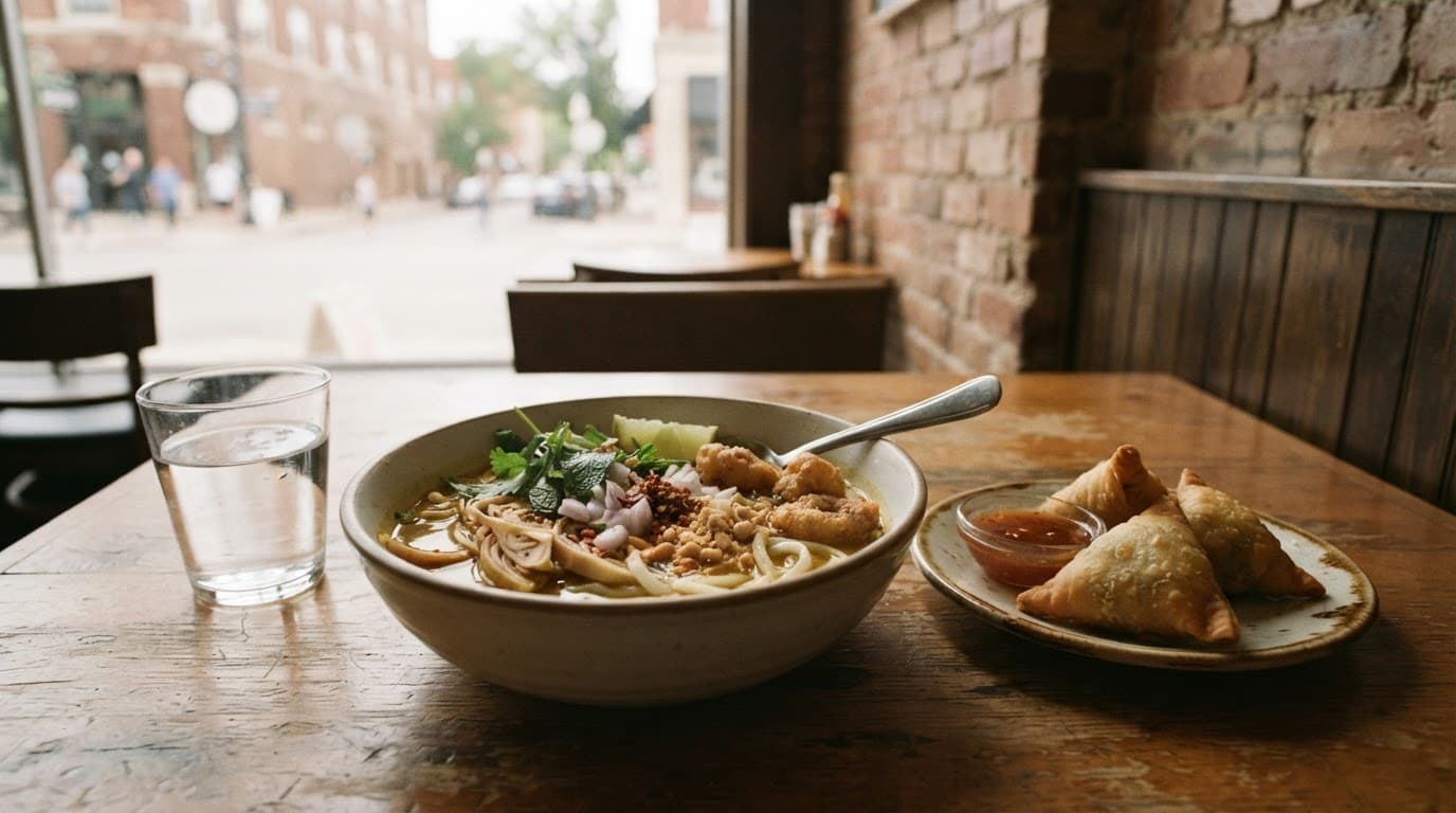 Burmese noodle soup, sambusas, and water on a warmly lit restaurant table.
