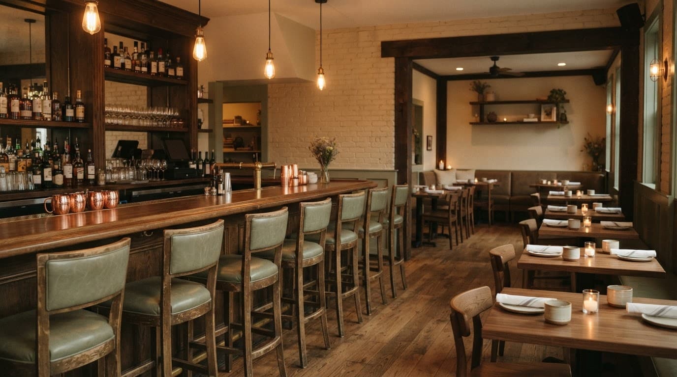 Cozy restaurant bar with wooden tables and warm pendant lights.