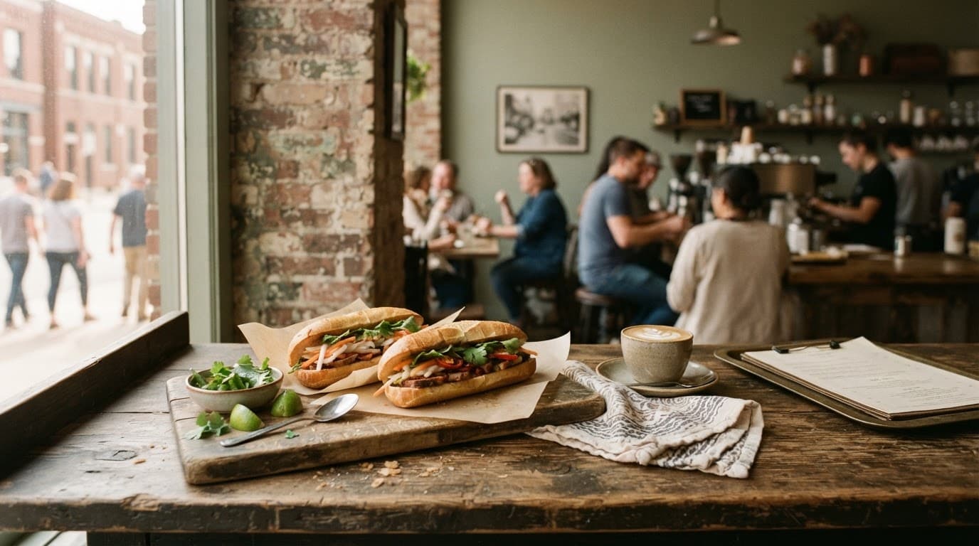 Crispy Vietnamese sandwiches arranged on a wooden counter in a warmly lit cafe.