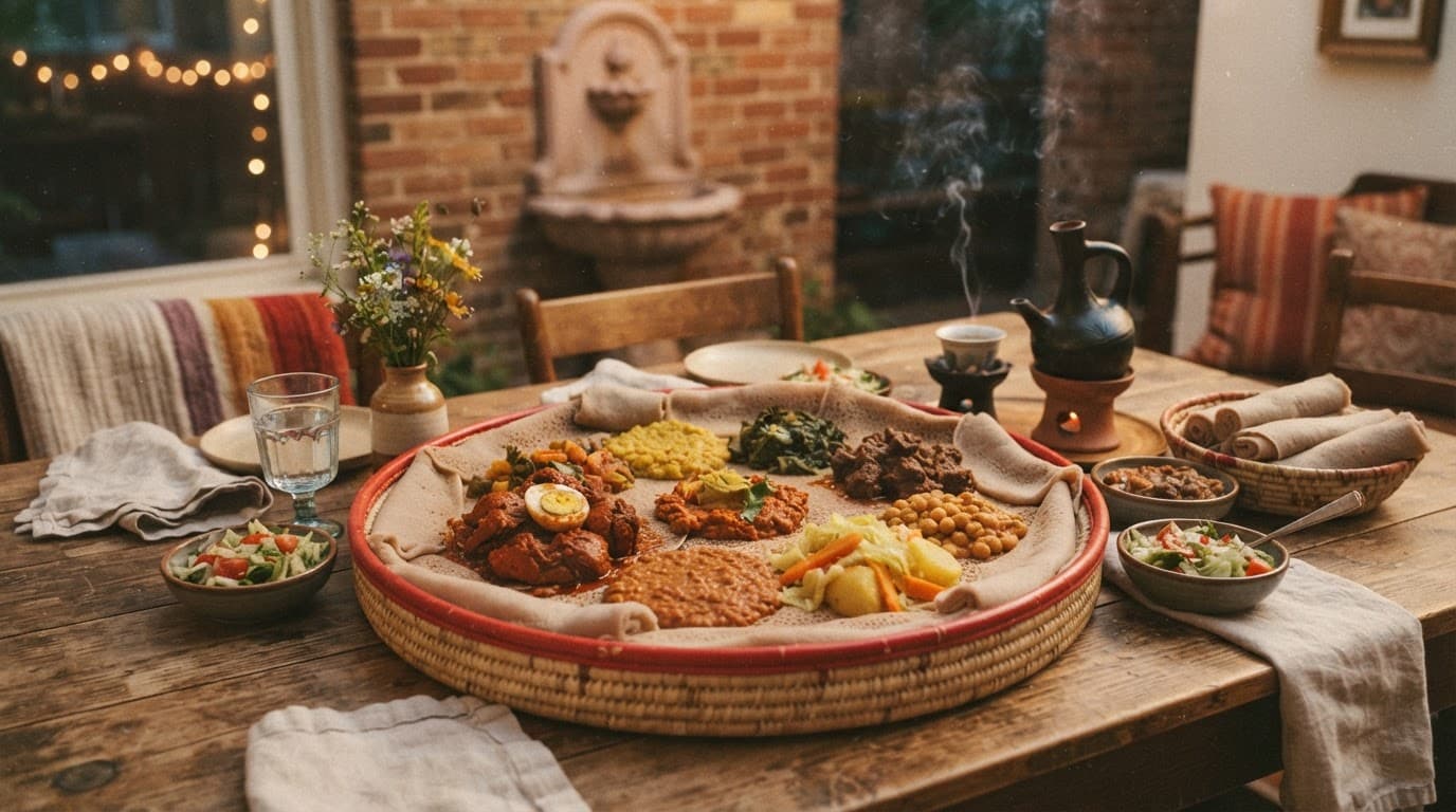 Ethiopian dishes and shared flatbread arranged on a warmly lit communal table.