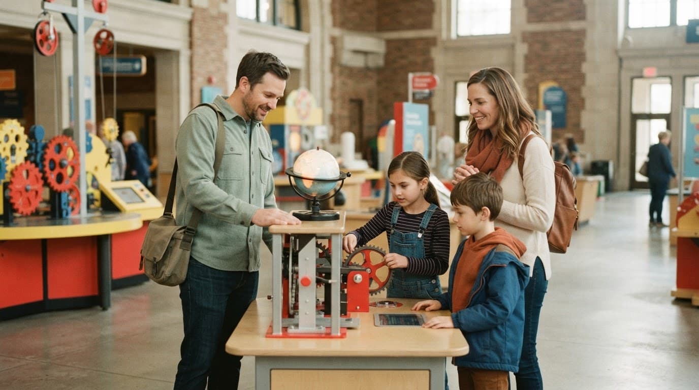 A family of four explores colorful science exhibits in a bright museum gallery.