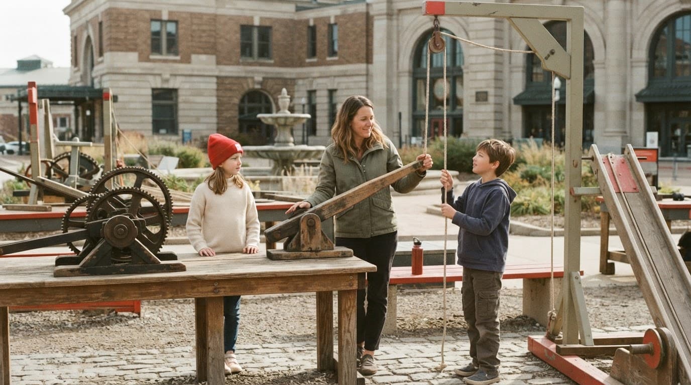 A parent and two children explore simple machines outside a historic science museum.