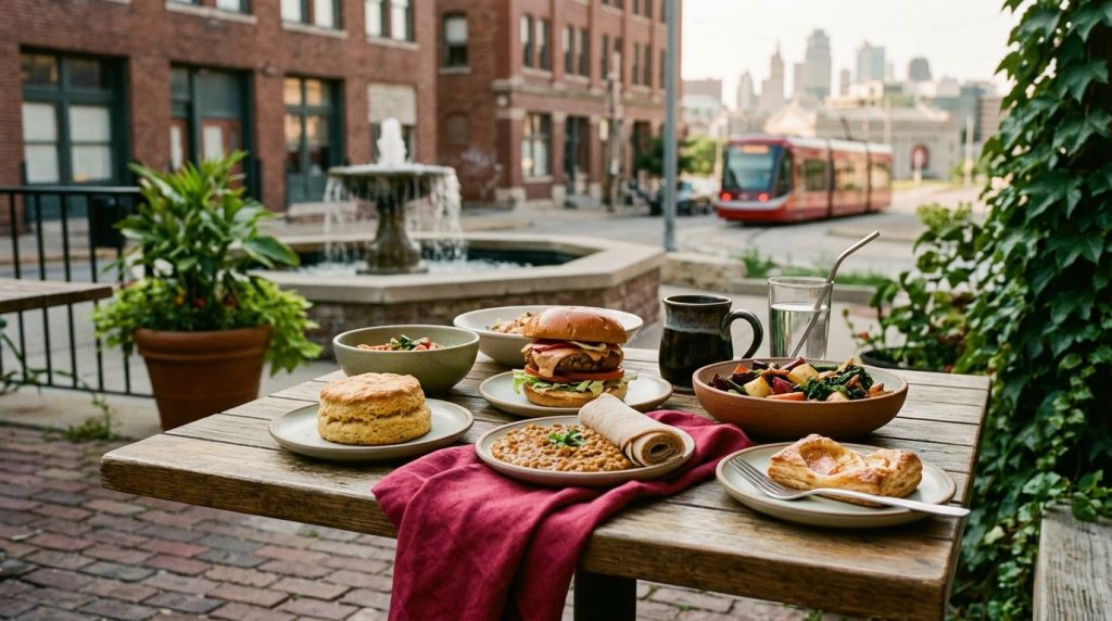 Vegan comfort food fills a rustic café table near brick buildings and leafy patio greenery.