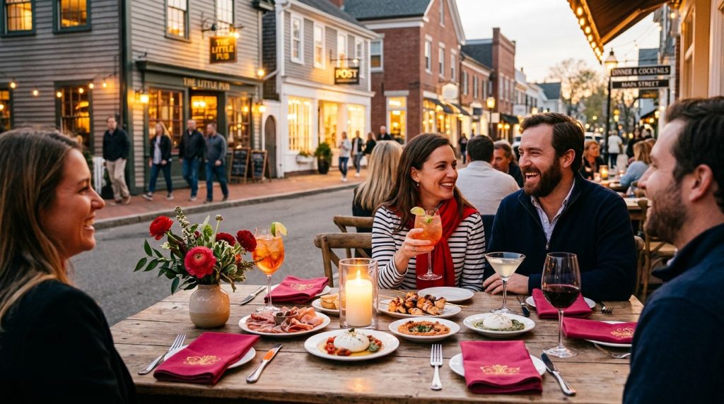 Shared plates and cocktails on an outdoor table in Westport at dusk.