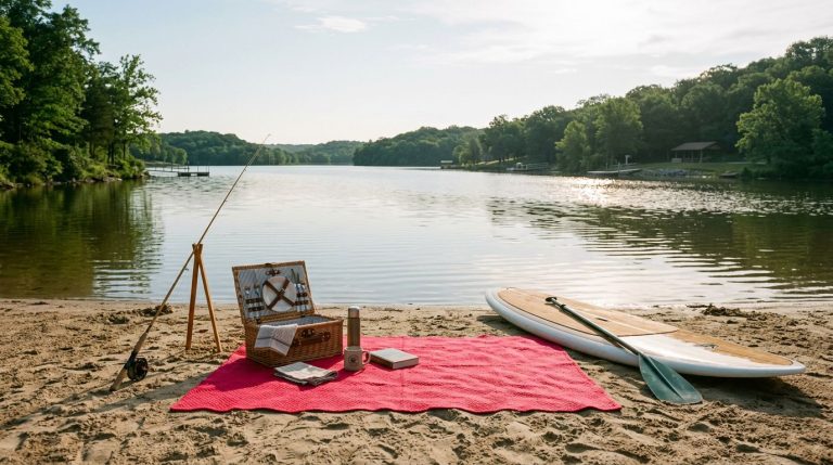 A lakeshore picnic setup with a red blanket, paddleboard, basket, and fishing rod.