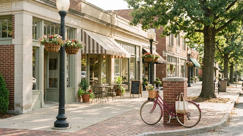 A leafy Brookside shopping street with historic storefronts, a café patio, and a red bicycle.