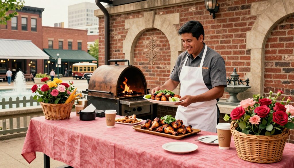 Chef serving grilled chicken beside a glowing outdoor grill.